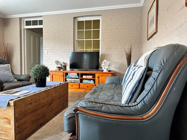 Smart TV, fireplace, DVD player, books