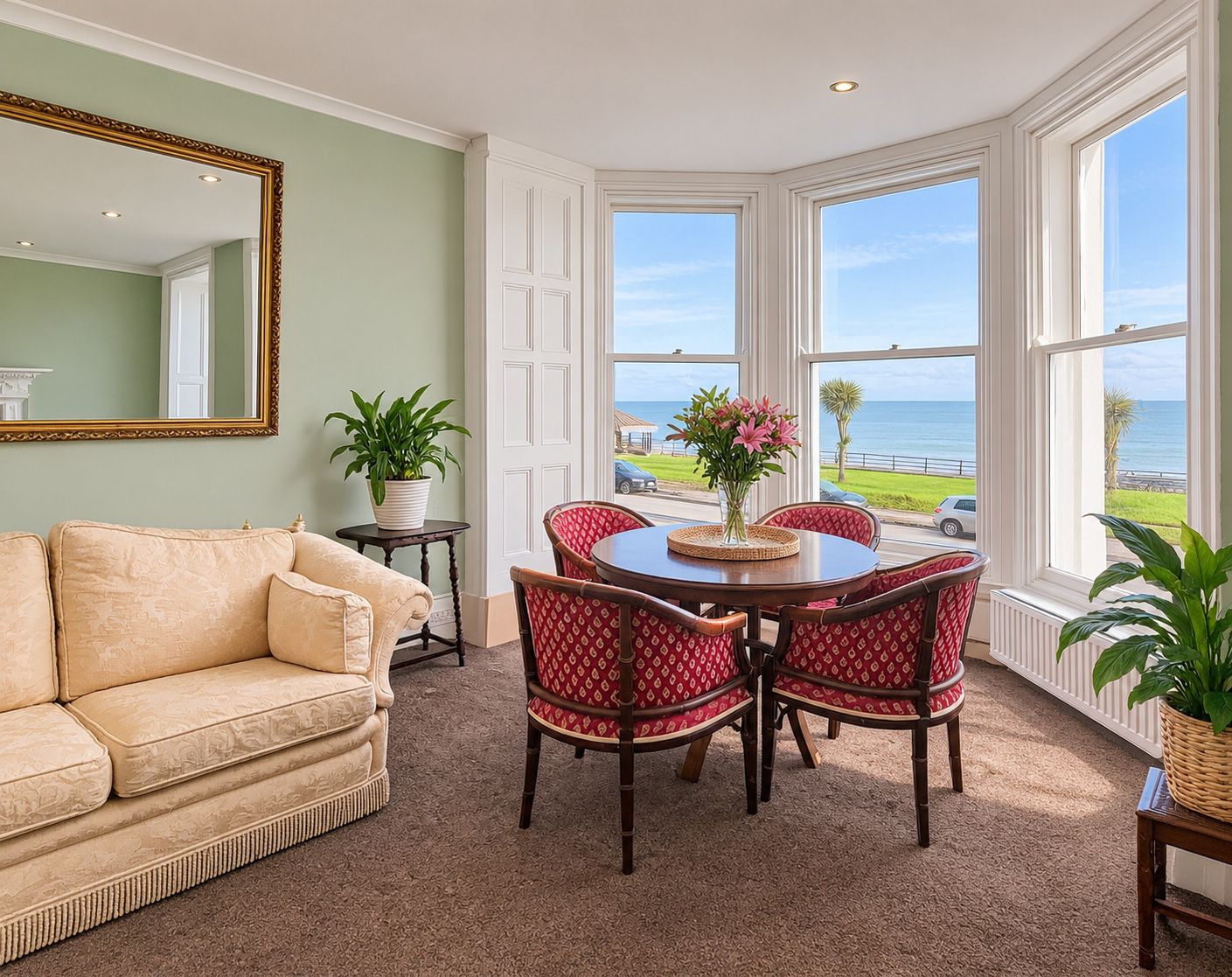 A room with a beige sofa, a dining table with red chairs, a large window with a view of the ocean, and a mirror on the wall.