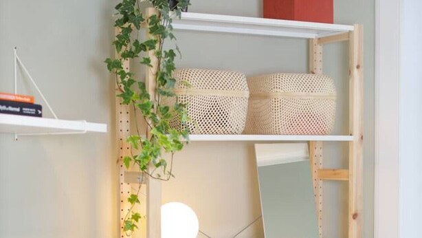 A bedroom with a bed, a bedside table, a shelf with storage boxes, a mirror, and a plant.