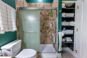Shower, hair dryer, towels, soap