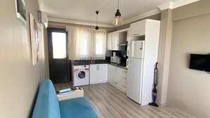 Un espacio habitable compacto con kitchenette, sofá y lavadora.