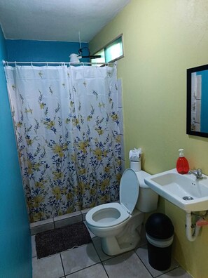 Bathroom features a white toilet, sink, and shower curtain with a floral pattern.