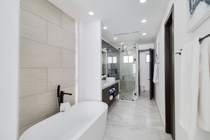 Shower, hair dryer, towels
