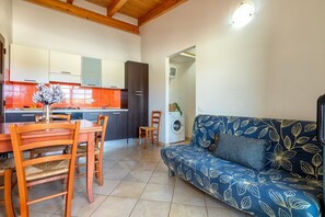 Un ambiente compatto con angolo ristoro, divano, lavatrice e cucina con piastrelle arancioni.