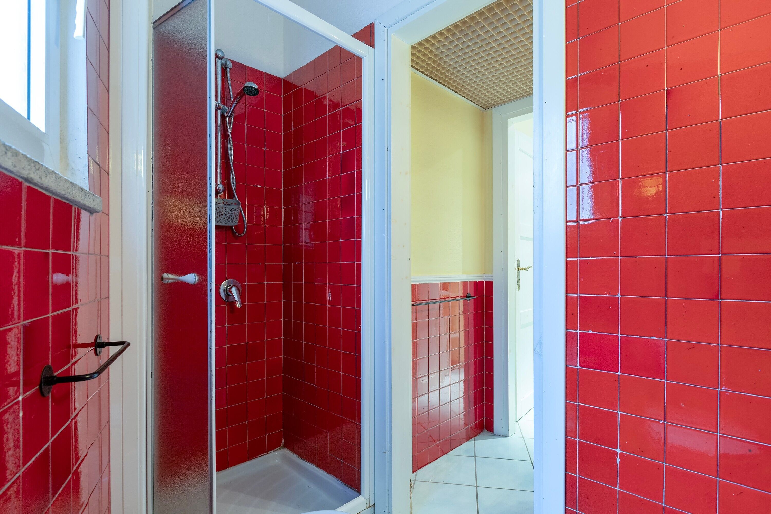 Une salle de bain avec des carreaux rouges, une douche et une porte blanche.