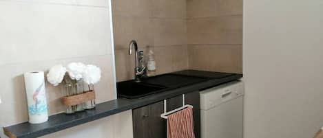 Fridge, dishwasher, cookware/dishes/utensils