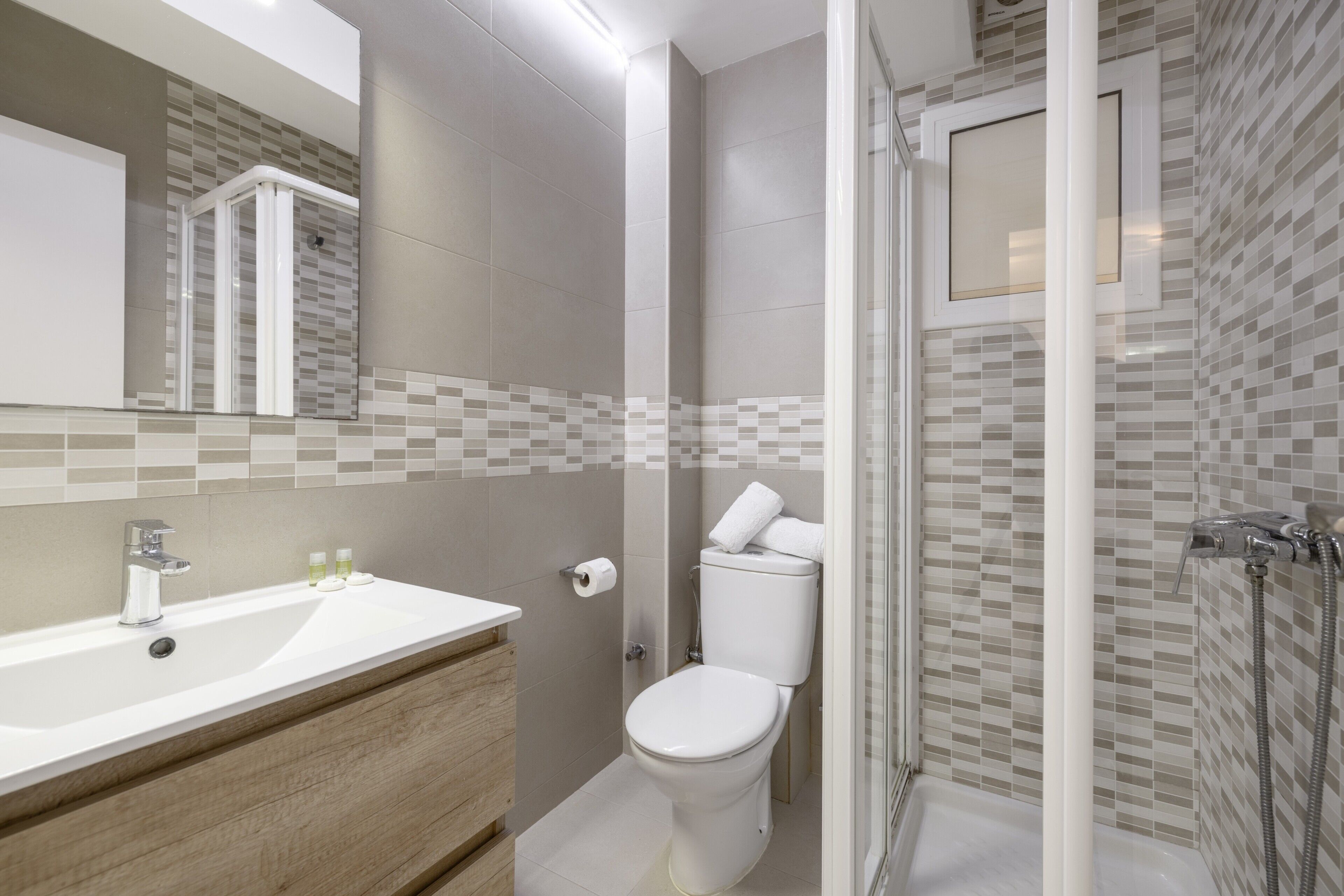 Shower, hair dryer, towels