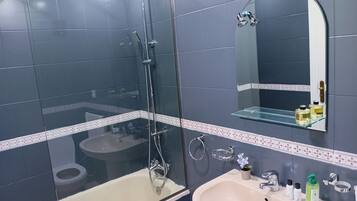 Hair dryer, bidet, towels, soap