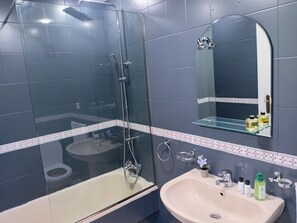 Hair dryer, bidet, towels, soap