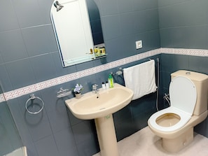 Secadora de cabello, bidet, toallas, jabón 
