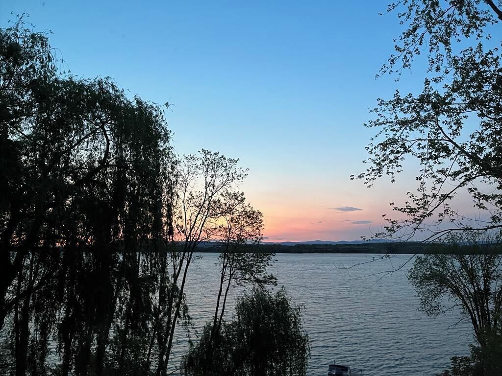 Ein friedlicher Seeblick, eingefasst von Bäumen.