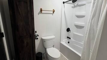 A bathroom with a toilet, bathtub, and shower curtain.