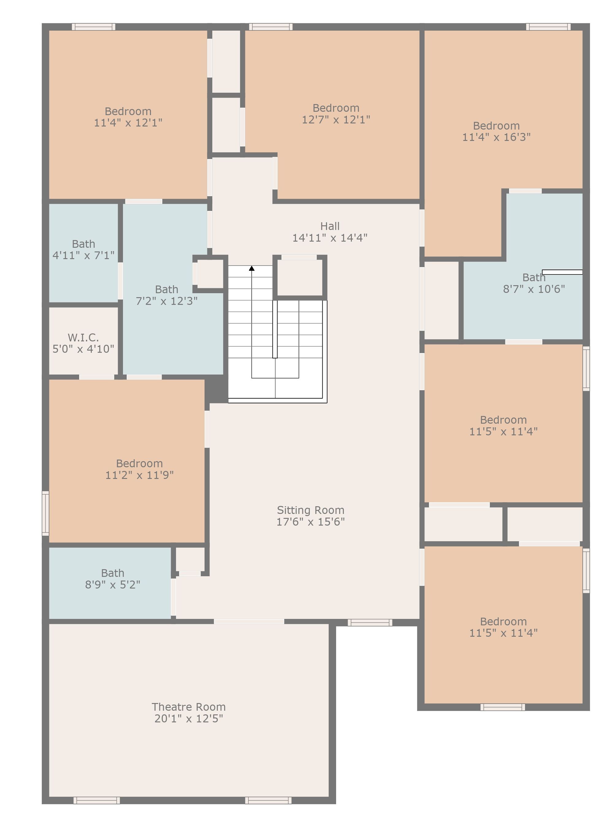A floor plan with multiple bedrooms, two bathrooms, a sitting room, a hall, and a theatre room.