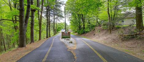 Una carretera que lleva a un cartel que dice 'Cedar Mountain'.