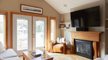 Smart TV, fireplace, DVD player, books