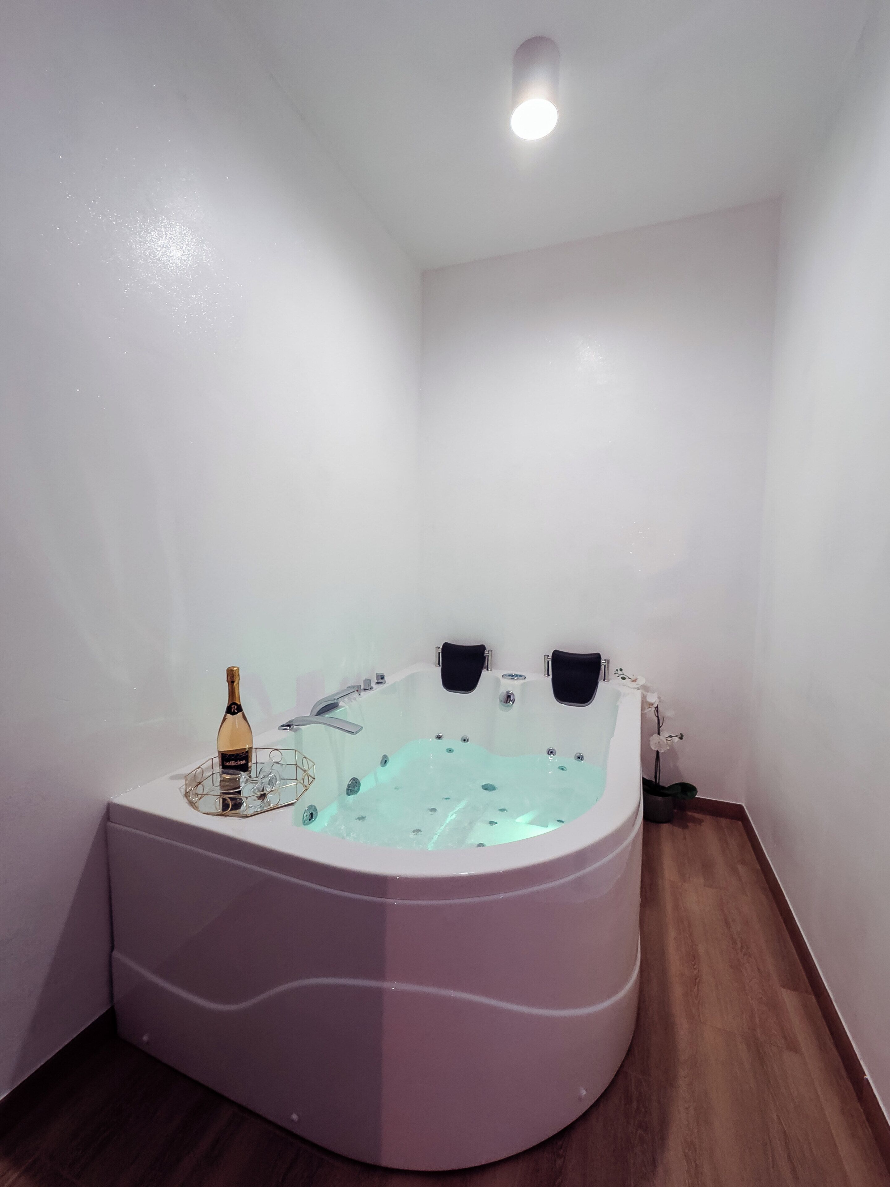 A modern bathroom with a freestanding bathtub, a bottle of champagne, and a potted orchid.