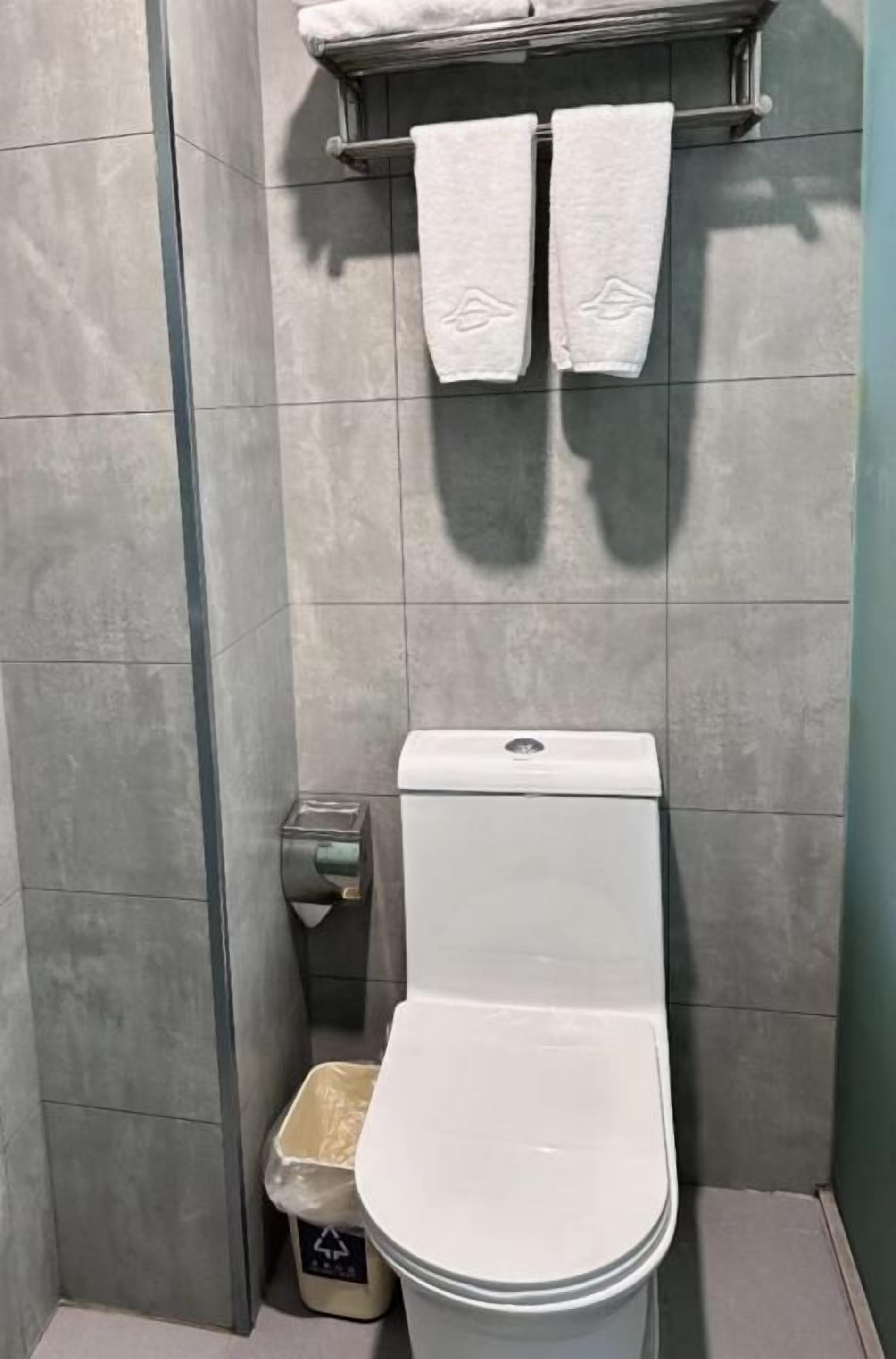 A bathroom with a toilet, a trash bin, and a towel rack with two towels.