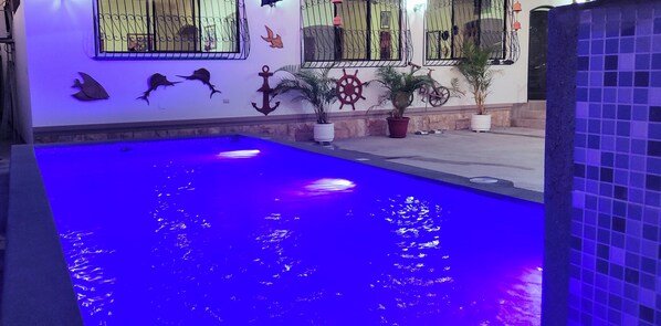 A swimming pool with decorative wall art and potted plants.