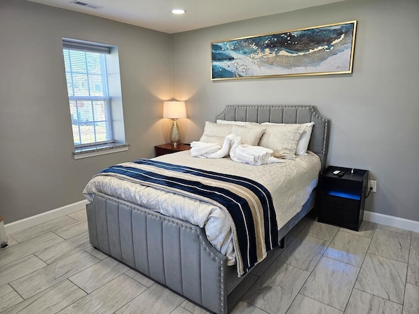 1 bedroom, desk, iron/ironing board, travel cot