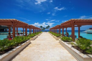 A pathway leading to a beach area with palm trees and a clear blue sky.