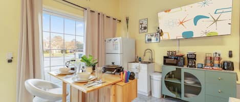 Fridge, microwave, coffee/tea maker, electric kettle