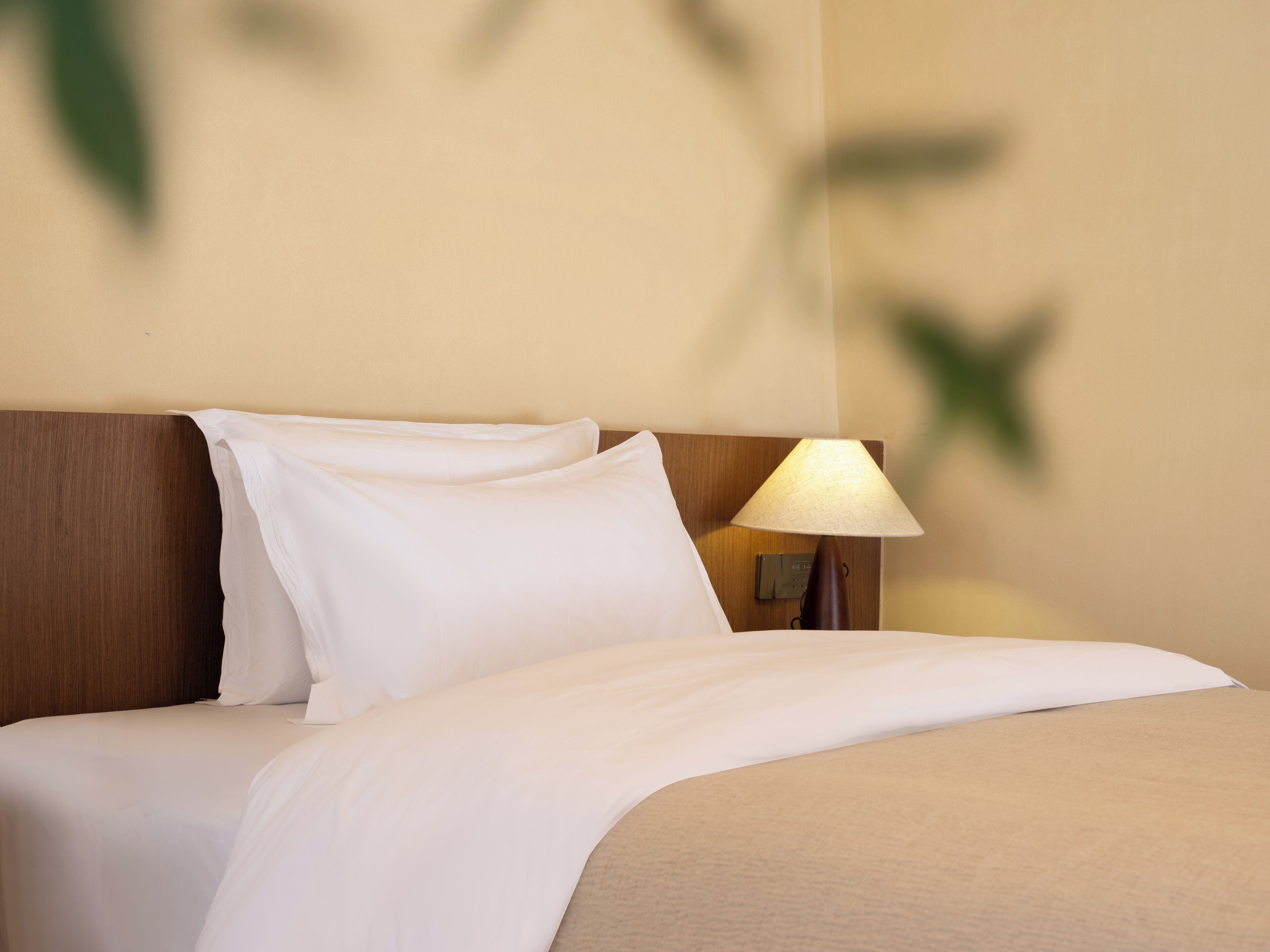A neatly made bed with white linens and a wooden headboard.