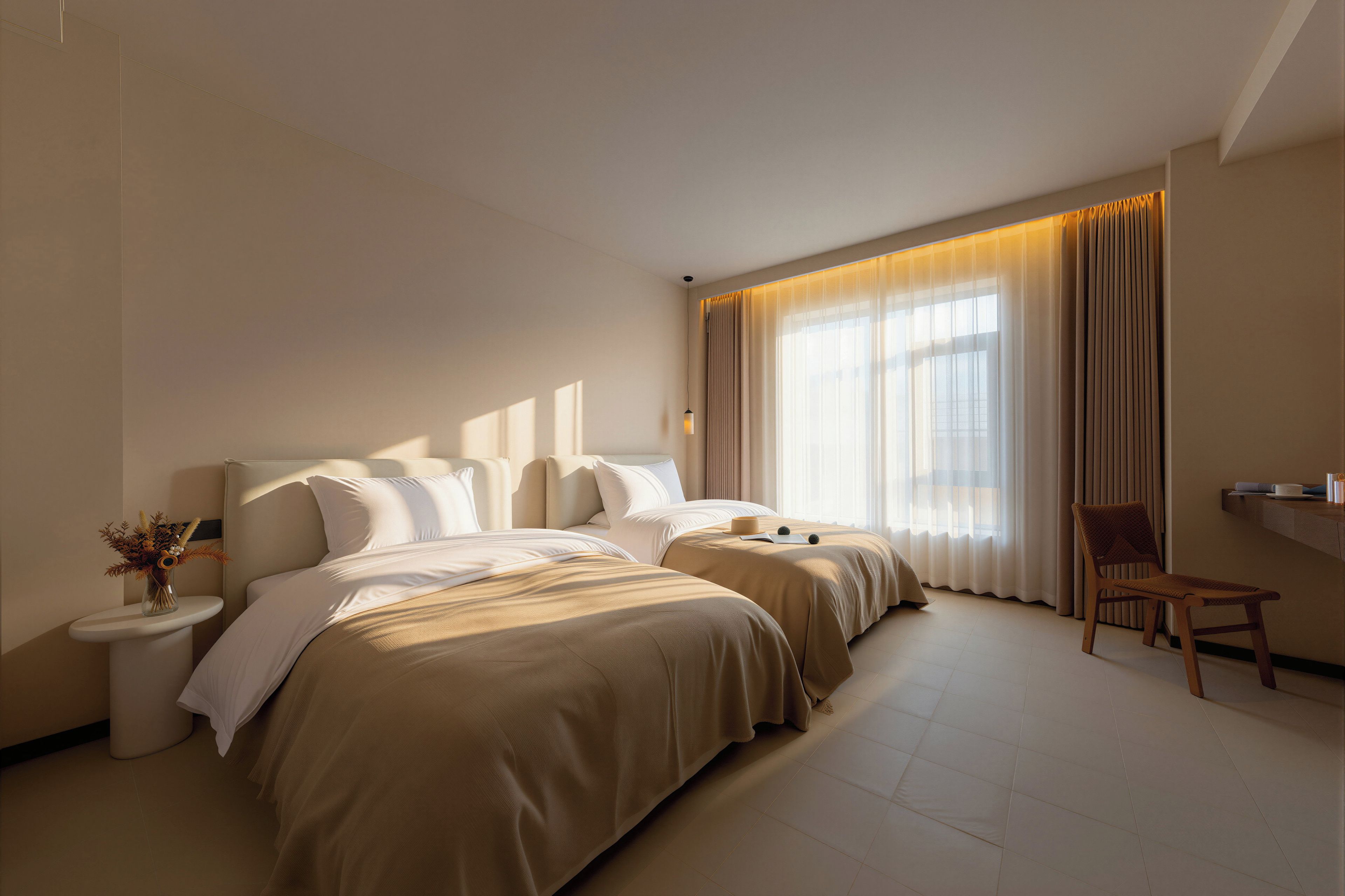 A hotel room with two beds, a sitting area, and a view of the city.