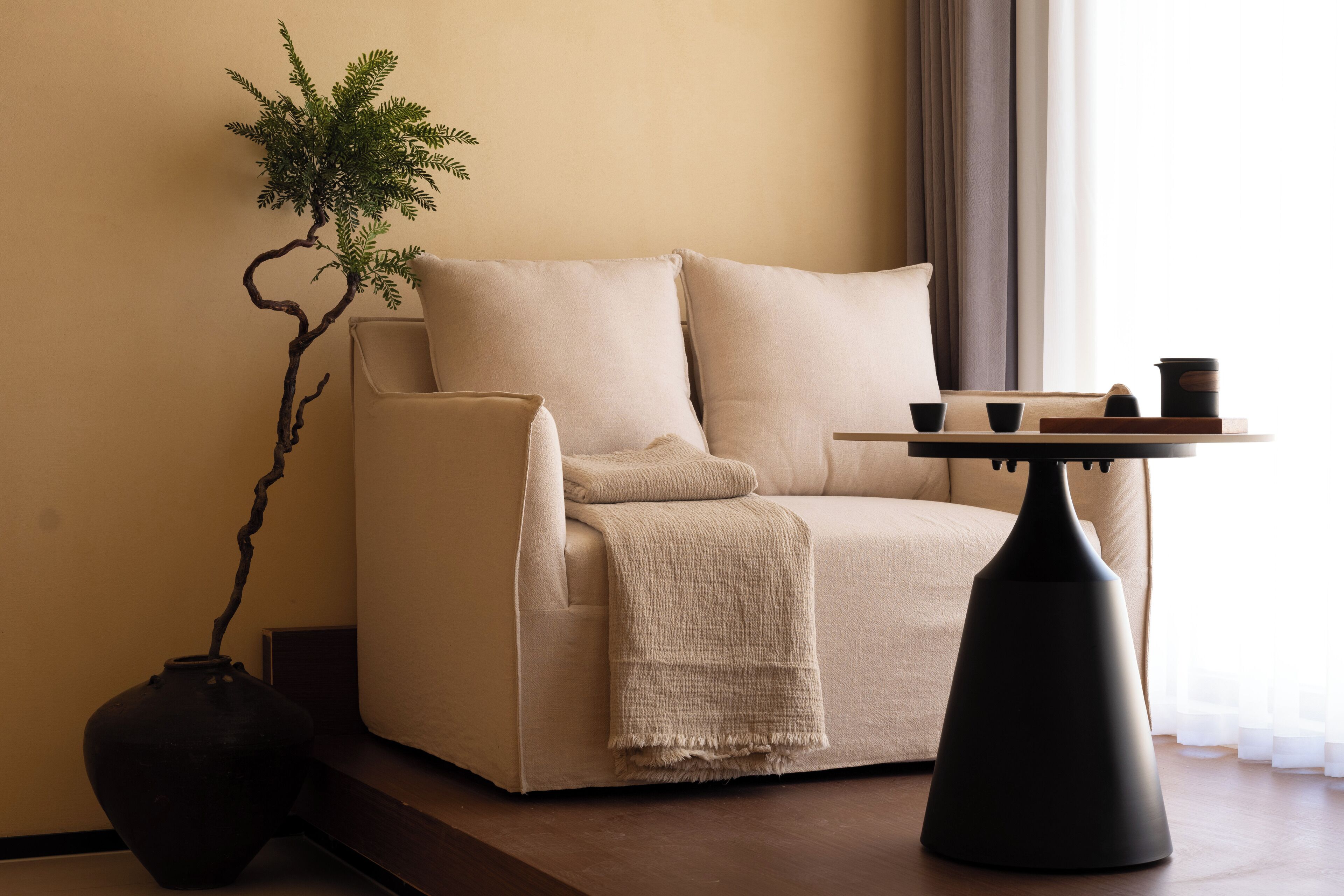 A beige sofa with a blanket, a small table with cups, and a potted plant.