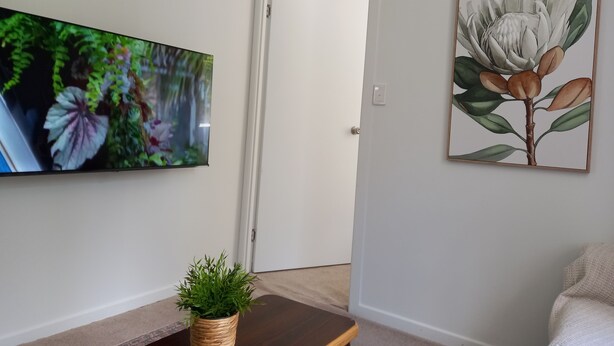 Een woonkamer met een flatscreen-tv, een lijst met een botanische afbeelding en een potplant.