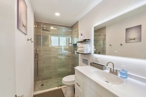 Shower, hair dryer, towels, shampoo