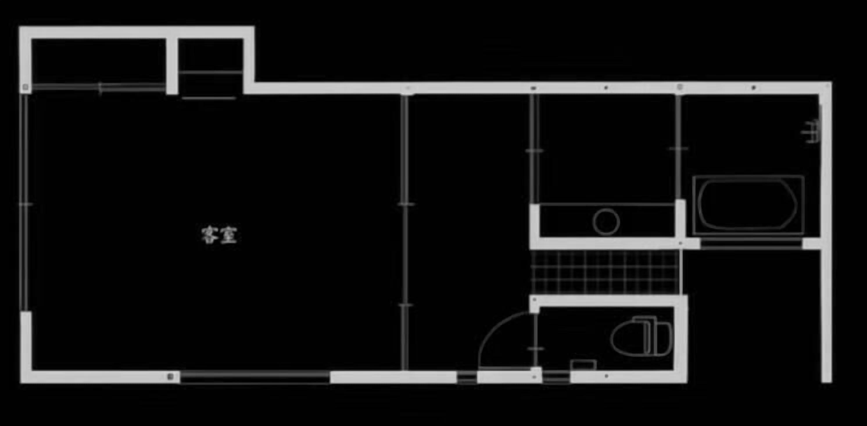 Ein Grundriss mit einer Küche, einem Essbereich und einem Wohnzimmer.
