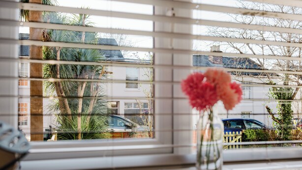 A window with blinds, a vase with pink flowers, and a view of a residential area with cars and greenery. - Corner House - Bright 2BD in Cheltenham (Cheltenham)