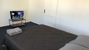 Una cama individual con un edredón oscuro y dos almohadas, un televisor sobre un mueble bajo, y una puerta al fondo.