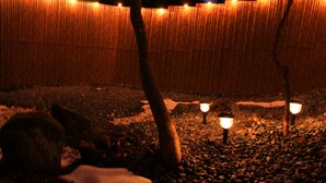 Un'area giardino con recinzione in bambù, vialetto in pietra e due lanterne illuminate.