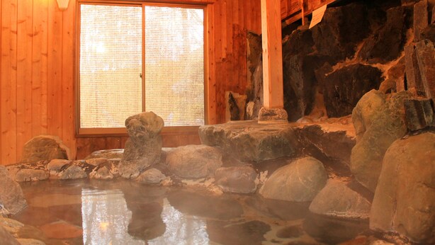 Un interno in legno tradizionale con zona termale in pietra, pareti di legno e un'ampia finestra con vista.