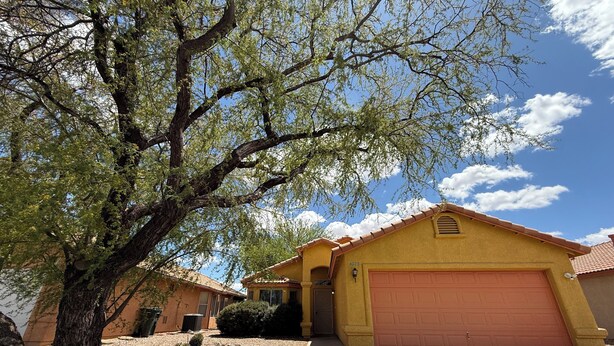A yellow house with a red garage door, surrounded by a tree and a gravel driveway.