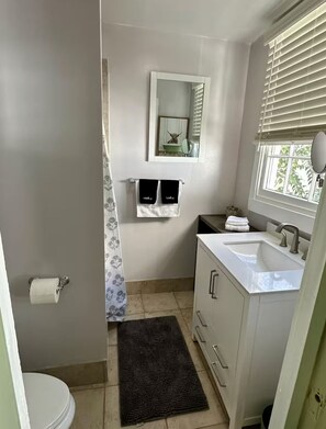 Shower, hair dryer, towels, soap - Classic Meets Contemporary- A Pink & Green Haven in the Heart of Charleston (Charleston)