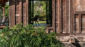 A rustic wooden building with a sloped roof and a large window. - Desa Seni  (Baturiti)