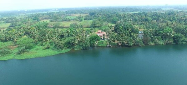 An aerial view of a coastal area with a small building surrounded by dense greenery and palm trees. - Pearl Spot (Aluva)