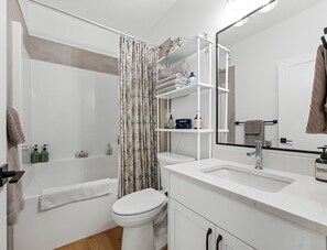 Hair dryer, towels, soap, toilet paper