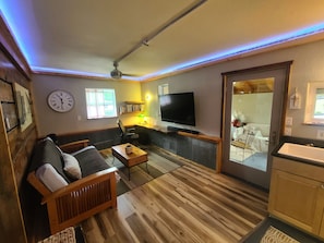 Smart TV, fireplace, books, stereo