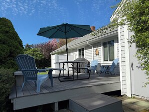 Eine überdachte Terrasse mit Tisch, Stühlen, einem Grill und einer Hängematte.