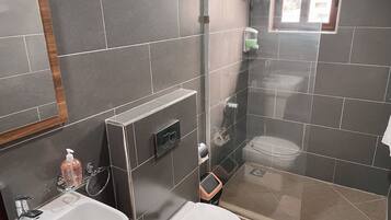 Shower, towels, soap, toilet paper