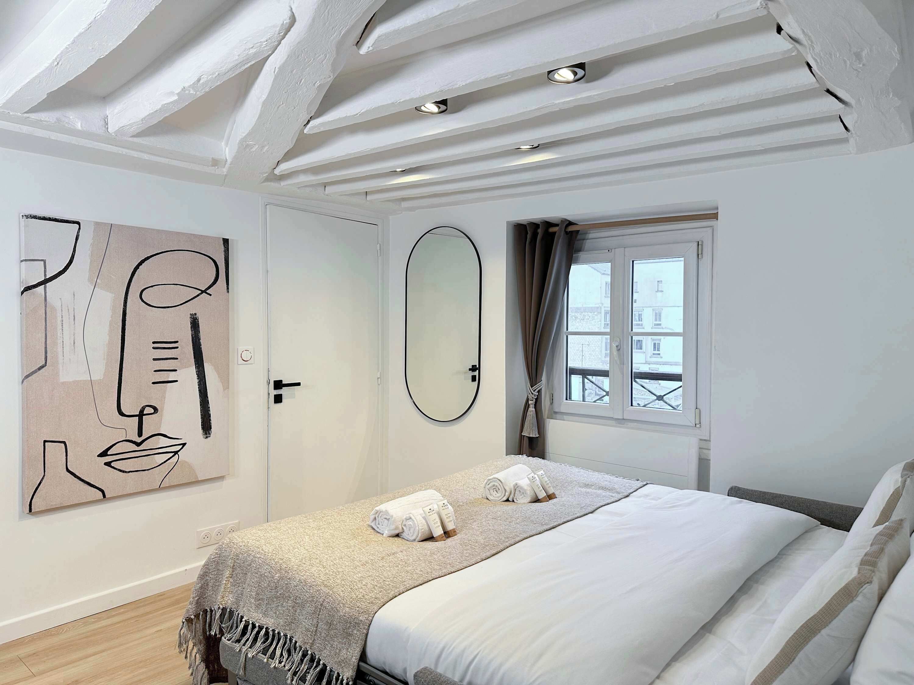 1 bedroom, desk, iron/ironing board, travel crib