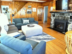 Smart TV, chimenea y libros