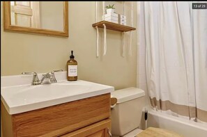 Hair dryer, towels, soap, toilet paper