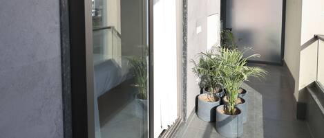 A narrow corridor with a sliding glass door leading to a balcony, potted plants, and a metal railing.