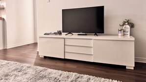 Een moderne woonkamer met een flatscreen televisie op een witte entertainmentkast, een pluizig vloerkleed en een klein plantje op de kast.