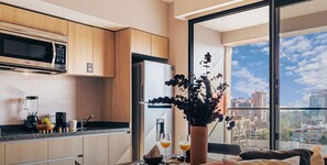 Fridge, microwave, stovetop, coffee/tea maker