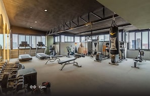 Work out with city views at this gym featuring treadmills, ellipticals, and free weights.